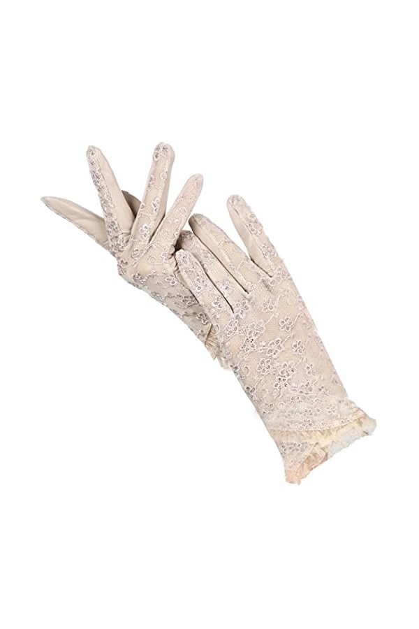 Gants de conduite en peau de mouton en dentelle pour femme - Gants classiques en cuir brodé, Noir , 7