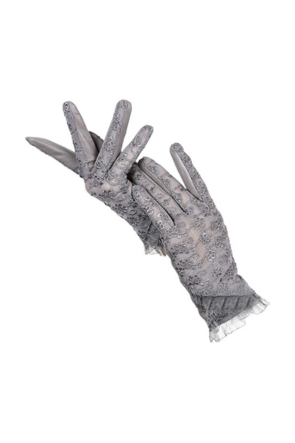 Gants de conduite en peau de mouton en dentelle pour femme - Gants classiques en cuir brodé, Noir , 7
