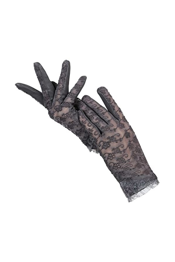 Gants de conduite en peau de mouton en dentelle pour femme - Gants classiques en cuir brodé, Noir , 7
