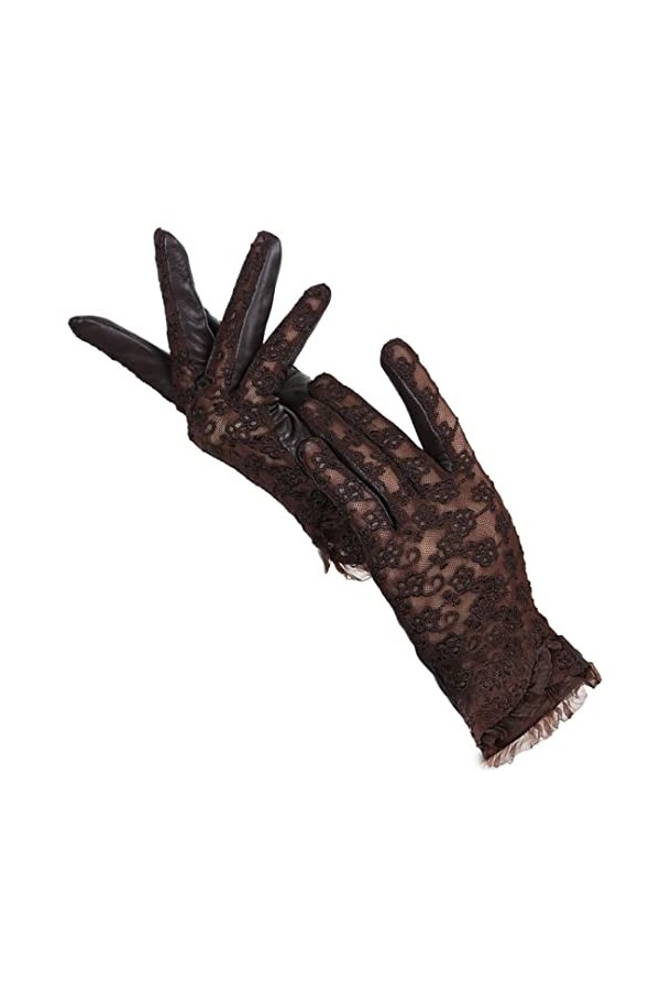 Gants de conduite en peau de mouton en dentelle pour femme - Gants classiques en cuir brodé, Noir , 7
