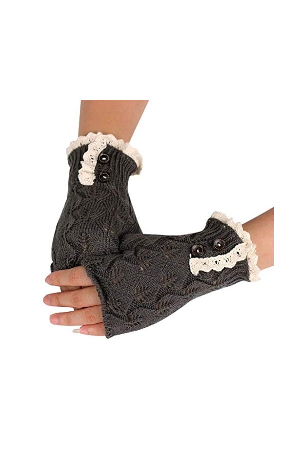 Femmes Dentelle Garder évider tricoté Chaud Hiver Gants Feuille Bouton Mitaines for Femmes Temps Froid chauffé Hiver Color :