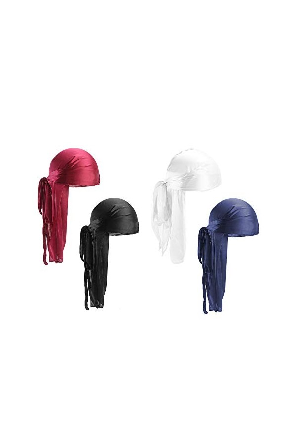Lot de 4 Bandeaux Durag Unisexes à Longues queues, Larges Sangles de Pirate, Turban pour Homme et Femme, Style Hip-hop et déc