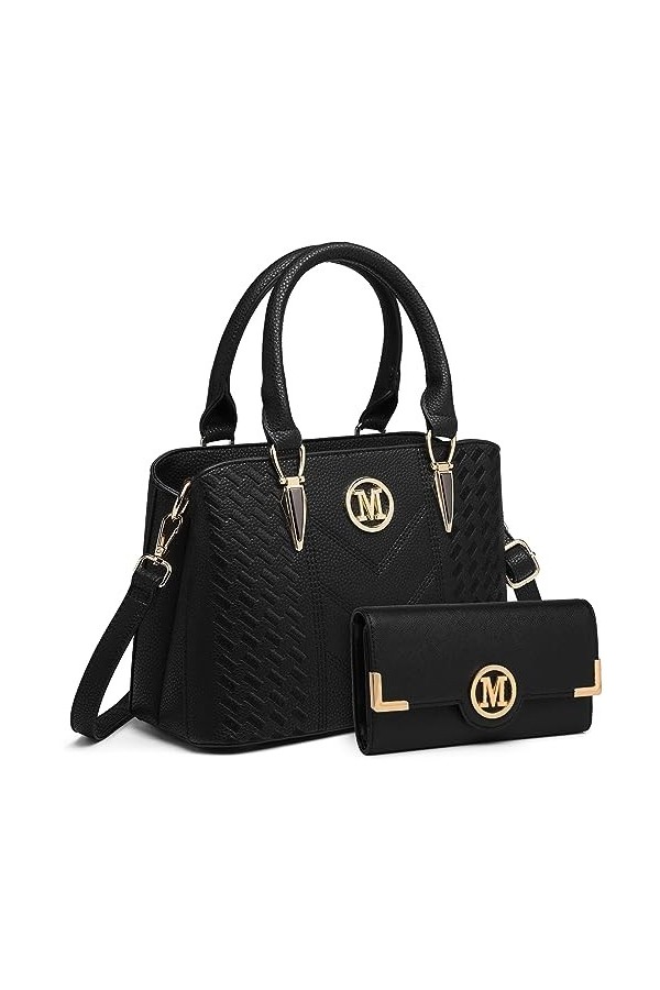 Miss Lulu Sac à Main Simili Cuir Femme Bandoulière Galet avec logo M Noir 