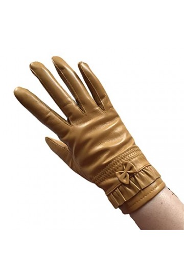 Gants courts en cuir et velours pour femme - Automne et hiver - En peau de mouton et dentelle - Boutons, beige, M