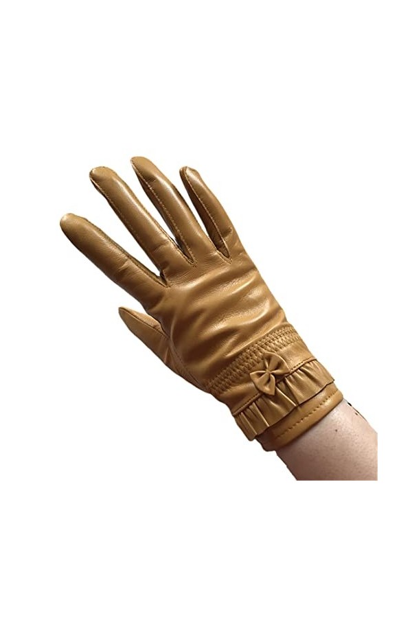 Gants courts en cuir et velours pour femme - Automne et hiver - En peau de mouton et dentelle - Boutons, beige, M