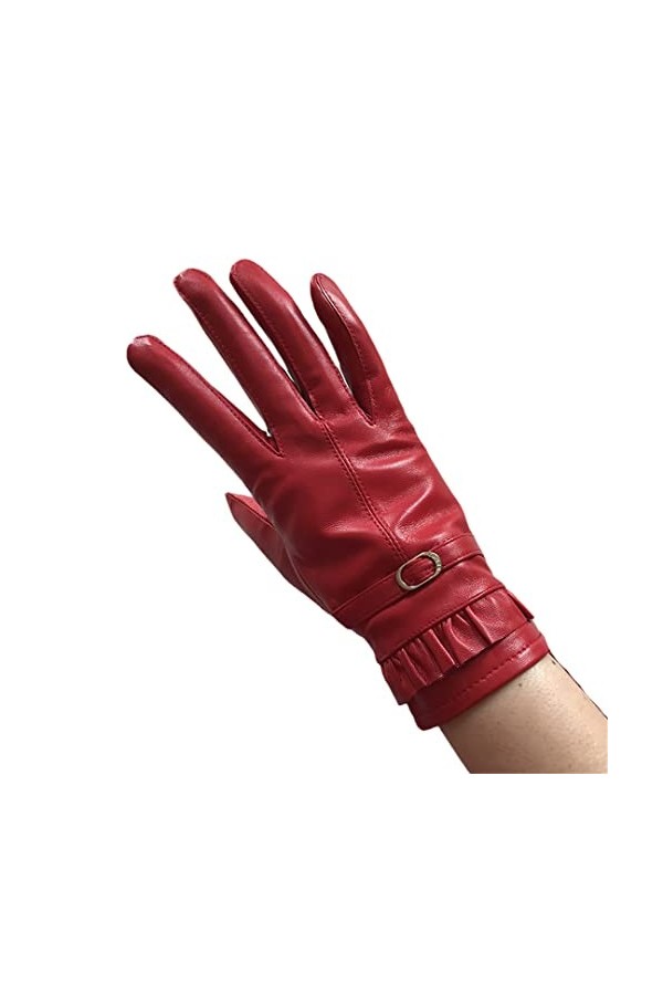 Gants courts en cuir et velours pour femme - Automne et hiver - En peau de mouton et dentelle - Boutons, beige, M