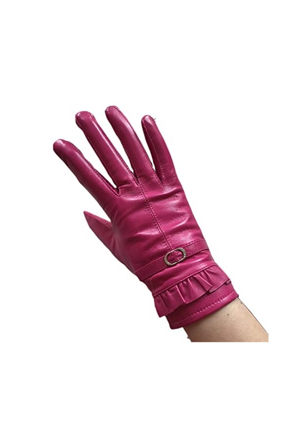 Gants courts en cuir et velours pour femme - Automne et hiver - En peau de mouton et dentelle - Boutons, beige, M