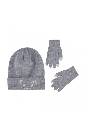 True Religion Ensemble bonnet et gants pour écran tactile, bonnet dhiver en tricot avec logo en strass et moufles pour écran