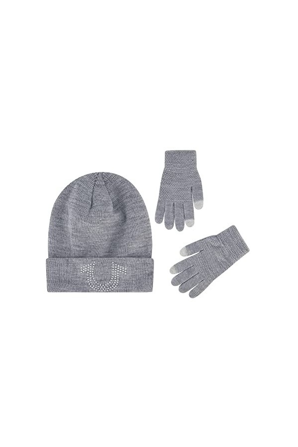 True Religion Ensemble bonnet et gants pour écran tactile, bonnet dhiver en tricot avec logo en strass et moufles pour écran