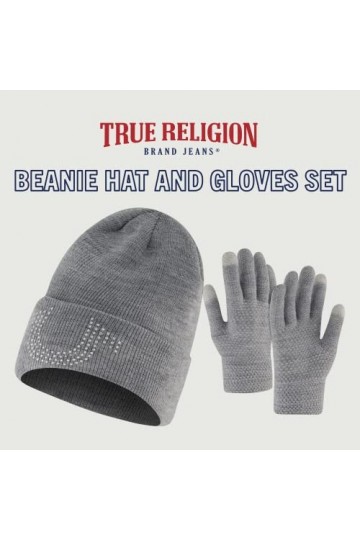 True Religion Ensemble bonnet et gants pour écran tactile, bonnet dhiver en tricot avec logo en strass et moufles pour écran
