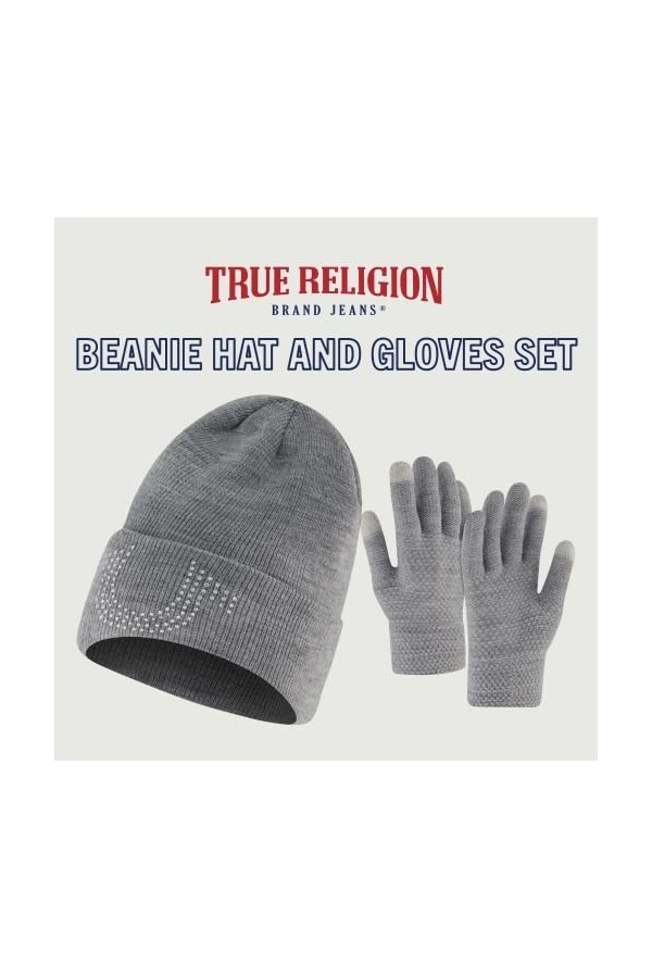 True Religion Ensemble bonnet et gants pour écran tactile, bonnet dhiver en tricot avec logo en strass et moufles pour écran