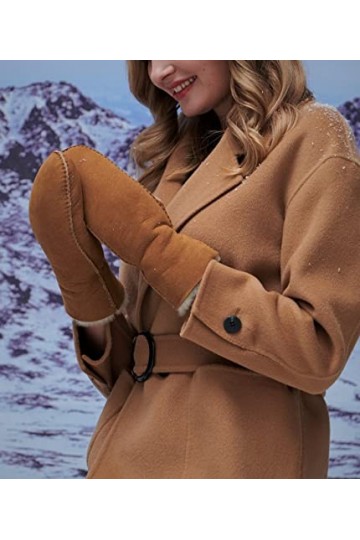 YISEVEN Femmes Gants Moufles en Cuir Mouton Robuste Hiver Épais Manchette Fourrure Doublure Sherpa Laine Mérinos Molleton Cha