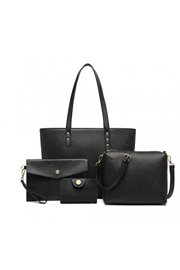 Miss Lulu Lot de 4 sacs à main pour femme - Sac à main et à bandoulière pour femme - Sac à poignet en cuir synthétique, Noir