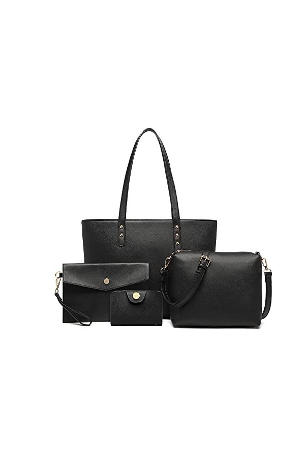 Miss Lulu Lot de 4 sacs à main pour femme - Sac à main et à bandoulière pour femme - Sac à poignet en cuir synthétique, Noir