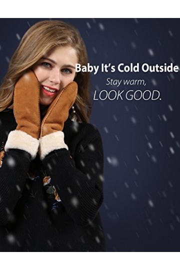 YISEVEN Femmes Hiver Nouveau Gants Moufles en Cuir Peau de Mouton Véritable Chaud Épais Fourrure Doublée Mérinos Thermique Lo