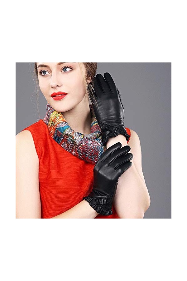 Raelf Gants en cuir Femme 360 ​​° Palm à écran tactile Gants en cuir épais velours dhiver plus en peau de mouton femmes Gant
