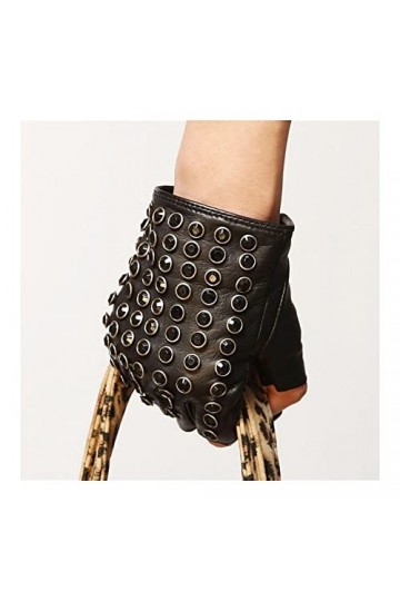 Gants dhiver Femmes Véritables Gants en Cuir Noir Demi-Finger Mitaines Mode Punk Mouton Sheekin avec Strass Gant de Conduite