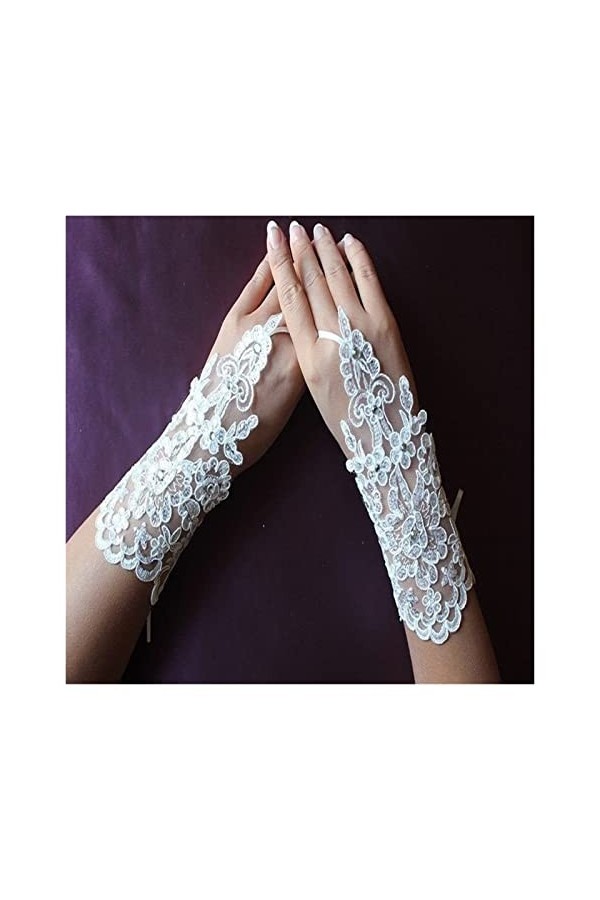 Trjgtas Gants Blancs Femmes sans Doigts Courts Mariage Blanc Gants de mariée Dentelle Accessoires de mariée Gants de Mariage