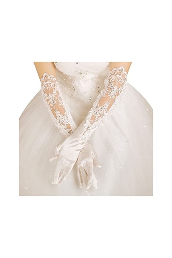 Trjgtas Gants Blancs Femmes Mariage mariée Longs Gants Creux Broderie Paillettes Dentelle Florale Satin Mitaines Gants de Mar