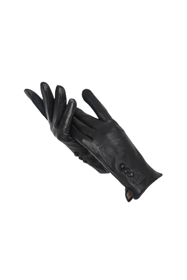 Gants en cuir simples et chauds pour femmes, mitaines dhiver en cuir véritable, moufles noires en cuir de vachette, Noir , 9