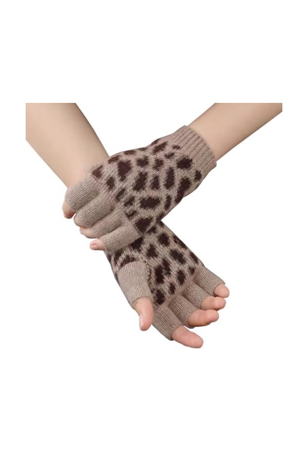 Femme Gants Moufles Sans Doigts en Léopard, 100% Cachemire Chaud Gants à Demi Doigts en Tricot épais, Automne Hiver Gants Tri