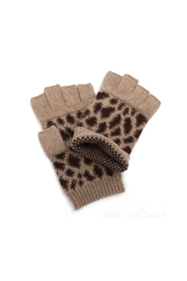 Femme Gants Moufles Sans Doigts en Léopard, 100% Cachemire Chaud Gants à Demi Doigts en Tricot épais, Automne Hiver Gants Tri
