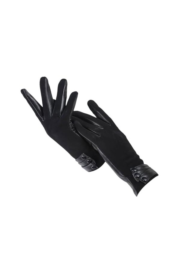 Gants dhiver courts en cuir pour femme, gants en peau de mouton, mitaines en cuir véritable noir mat, Noir , 36