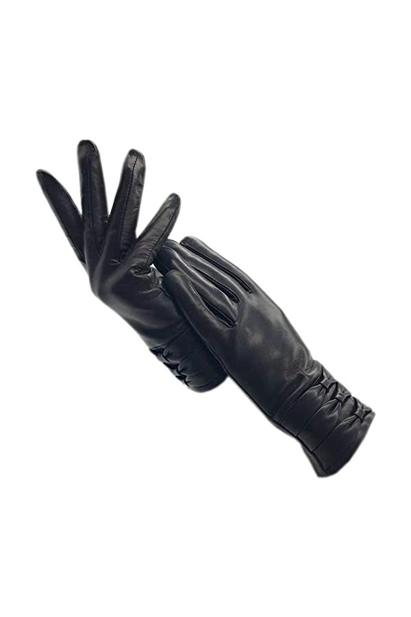 Gants dhiver pour femme en peau de mouton noir chaud en cuir de chèvre Gants de conduite de moto, Noir , 7