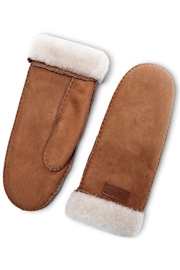 YISEVEN Femme Gants Moufles en Cuir Peau de Mouton dAgneau Véritable Rayures Chaud Épais Fourrure Doublée Thermique Poignet 