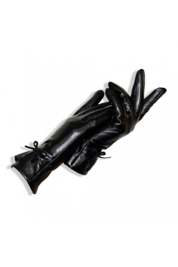 Gants dhiver en cuir véritable avec nœud en peluche pour femme - Couleur noire unie, AA, 8.5