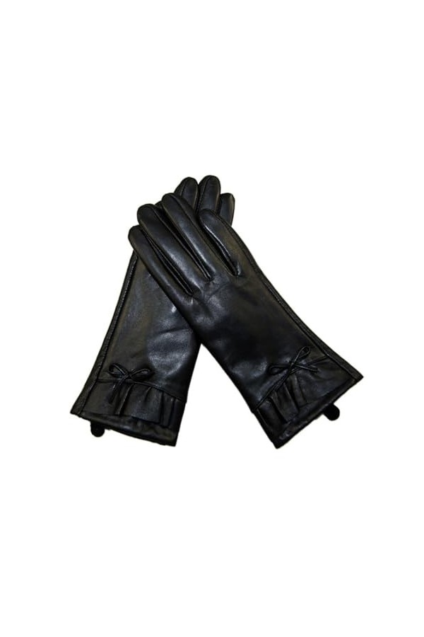 Gants dhiver en cuir véritable avec nœud en peluche pour femme - Couleur noire unie, AA, 7.5