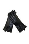 Gants dhiver en cuir véritable avec nœud en peluche pour femme - Couleur noire unie, AA, 7.5