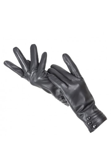 Gants tactiles plissés à trois boutons en cuir pour femme, mitaines dhiver simples et chaudes, Rouge, 7