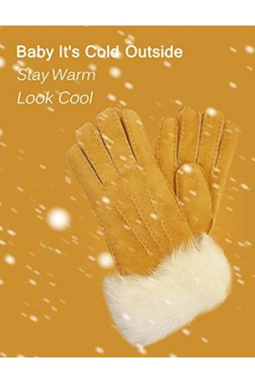 YISEVEN Femme Gants en Cuir Peau de Mouton Hiver Nouveau Chaud Épais Fourrure Doublée Mérinos avec Manchette de Fourrure Élég