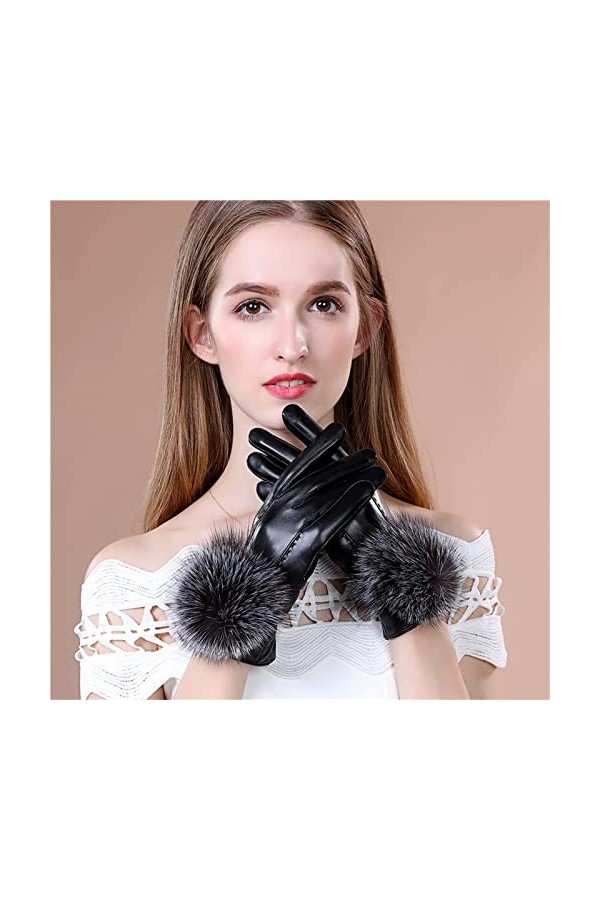 FZYE Gants dhiver pour Dames Gants en Cuir PU pour Dames Conduite dhiver Épaississement Chaud Noir Fox Ball Burr Gants en C