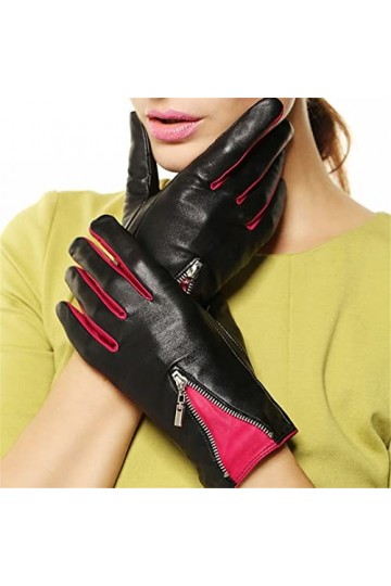 Gants dhiver chauds en cuir synthétique de mouton avec fermeture éclair contrastée pour femme - Rose rouge - S