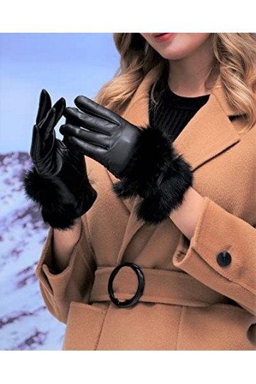 YISEVEN Femme Gants en Cuir de Mouton Véritable Hiver Chaud Tactile Chauffant Doublée en Velours Fourrure Lapin avec Noeud de