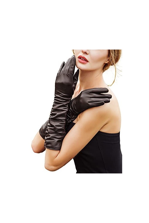 YISEVEN Femme Gants dOpéra en Cuir de Mouton Écran Tactile en Laine Doublée Mi-long Élégant Design Froissé et Coude Long Hiv