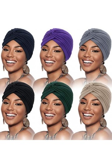 6 Pièces Turbans pour Femmes Turban Enveloppement de Tête Doux Bonnet Plissé Chapeau de Perte de Cheveux Noir, Bleu Foncé, B