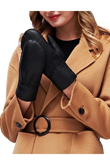 YISEVEN Femme Hiver Gants en Moufle en Cuir Peau de Mouton Véritable de Luxe Chaud Épais Doublure en Fourrure en Laine dAgne