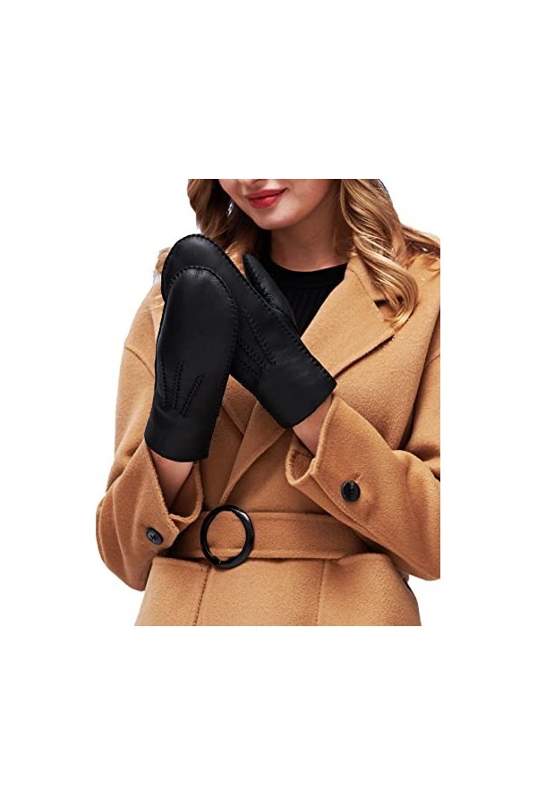 YISEVEN Femme Hiver Gants en Moufle en Cuir Peau de Mouton Véritable de Luxe Chaud Épais Doublure en Fourrure en Laine dAgne