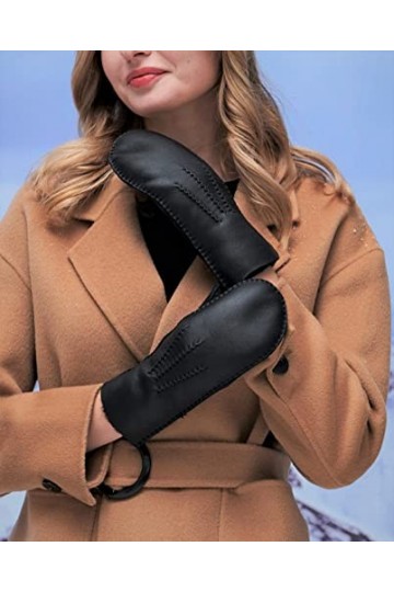 YISEVEN Femme Hiver Gants en Moufle en Cuir Peau de Mouton Véritable de Luxe Chaud Épais Doublure en Fourrure en Laine dAgne