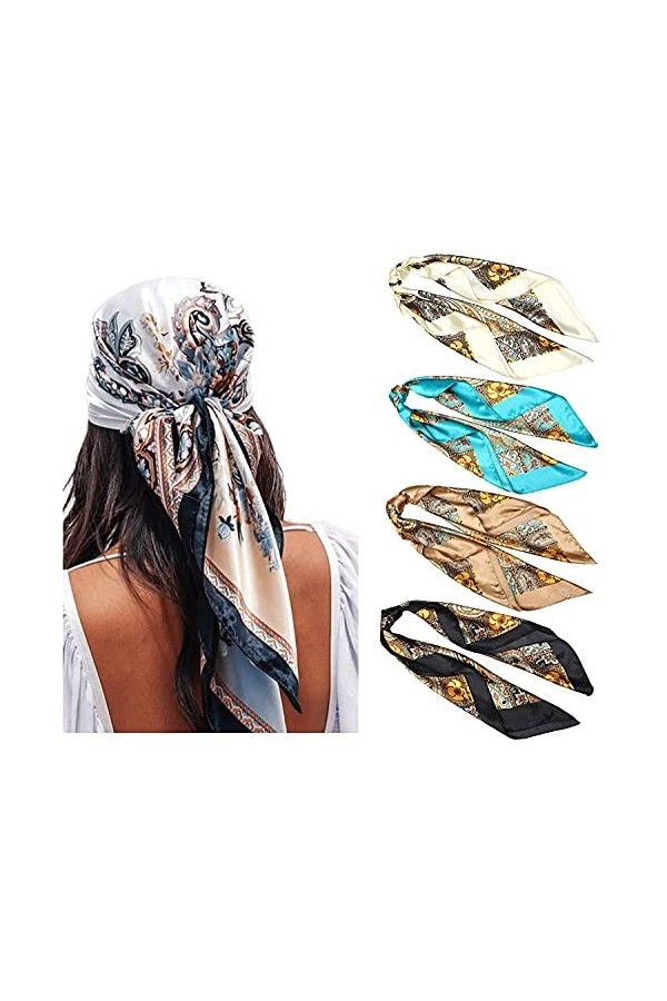 WELROG Echarpes Carrées Satin 90x90cm pour Femme 4 PCs Femmes Soyeux comme Écharpe de tête Bandanas Écharpe de cheveux Écharp