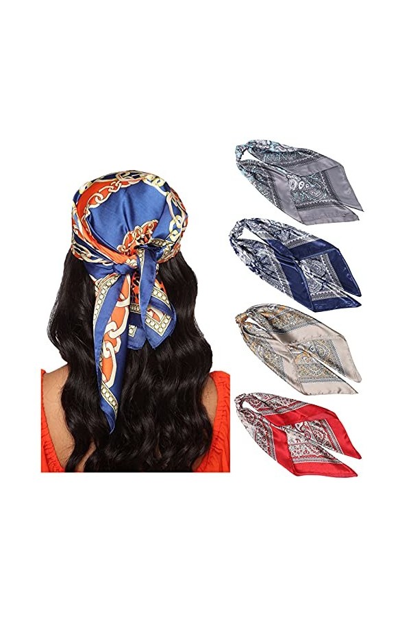 WELROG Echarpes Carrées Satin 90x90cm pour Femme 4 PCs Femmes Soyeux comme Écharpe de tête Bandanas Écharpe de cheveux Écharp
