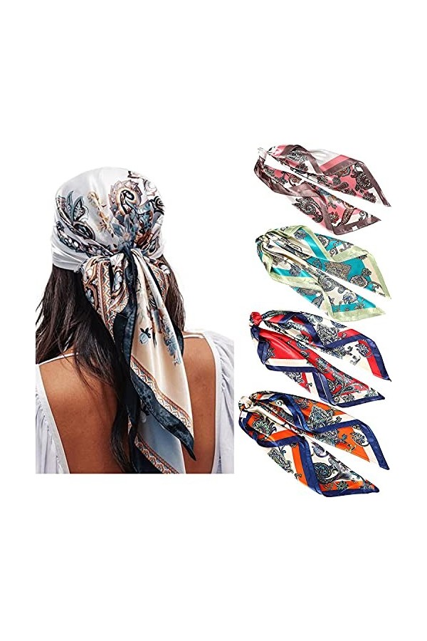 WELROG Echarpes Carrées Satin 90x90cm pour Femme 4 PCs Femmes Soyeux comme Écharpe de tête Bandanas Écharpe de cheveux Écharp