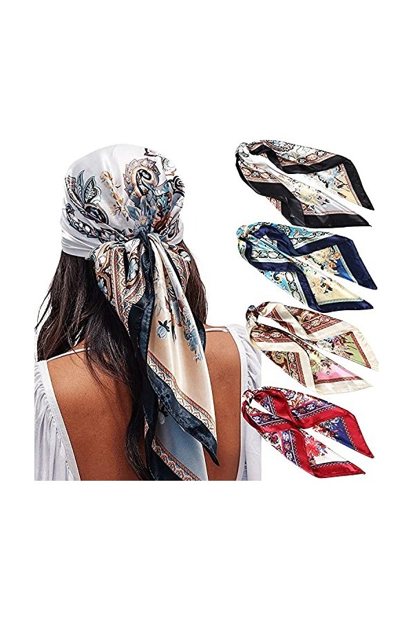 WELROG Echarpes Carrées Satin 90x90cm pour Femme 4 PCs Femmes Soyeux comme Écharpe de tête Bandanas Écharpe de cheveux Écharp