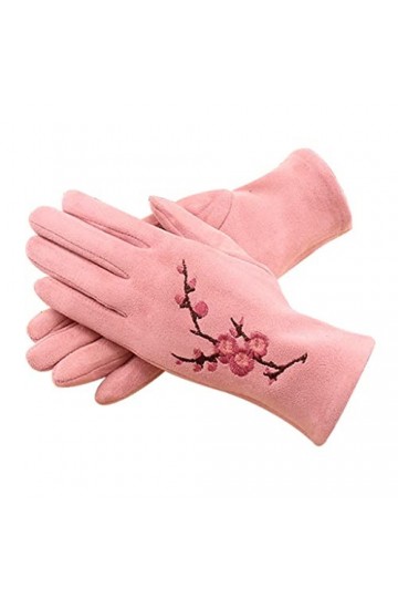 Gants Femmes Hiver Suède Tissu Plus Velours Intérieur Écran Tactile Gants Prune Broderie Style Élégant Femme Garder Au Chaud 