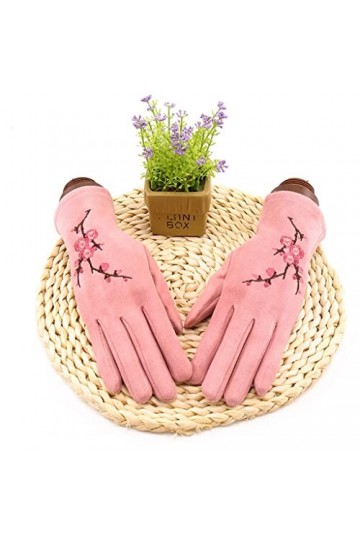 Gants Femmes Hiver Suède Tissu Plus Velours Intérieur Écran Tactile Gants Prune Broderie Style Élégant Femme Garder Au Chaud 
