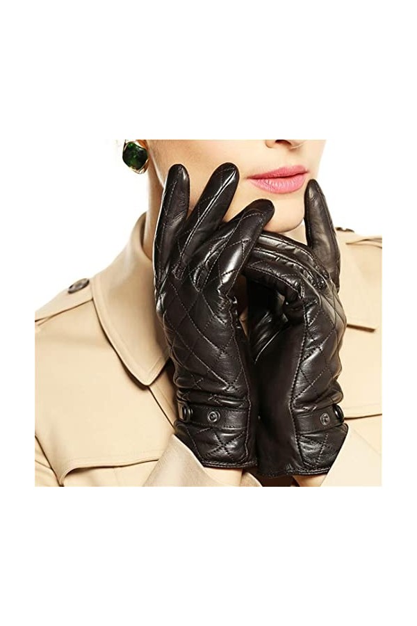 Gants dhiver chauds en cuir pour femme - Brodés - Forme carrée - En peau de mouton