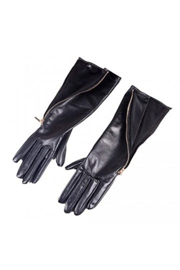 Gants de soirée mi-longs en cuir véritable avec fermeture éclair latérale pour femme 30 cm, Noir , XL